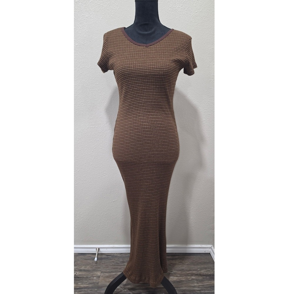 Vintage 90s Xhilaration Brown Striped Bodycon Maxi Dress Short Sleeve Small USA